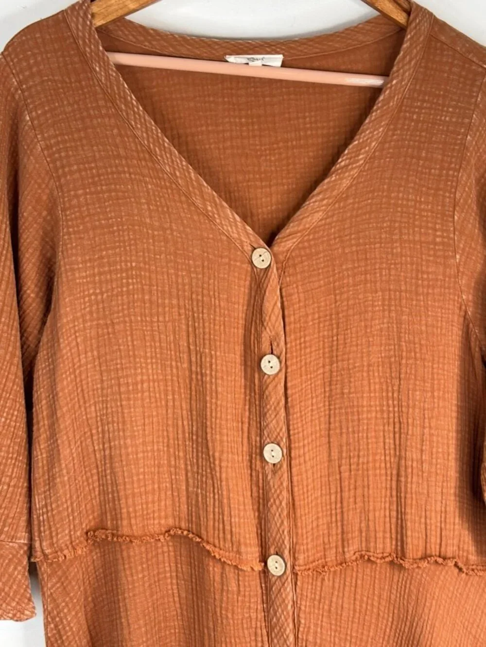 Easel Gauze Dress M Rust Button Front 3/4 Flare Sleeve Boho Minimalist Prairie
